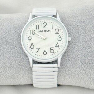 Narmi White Quartz Analog Watch With Stretch Band Subtle Multicolor Face 38 mm